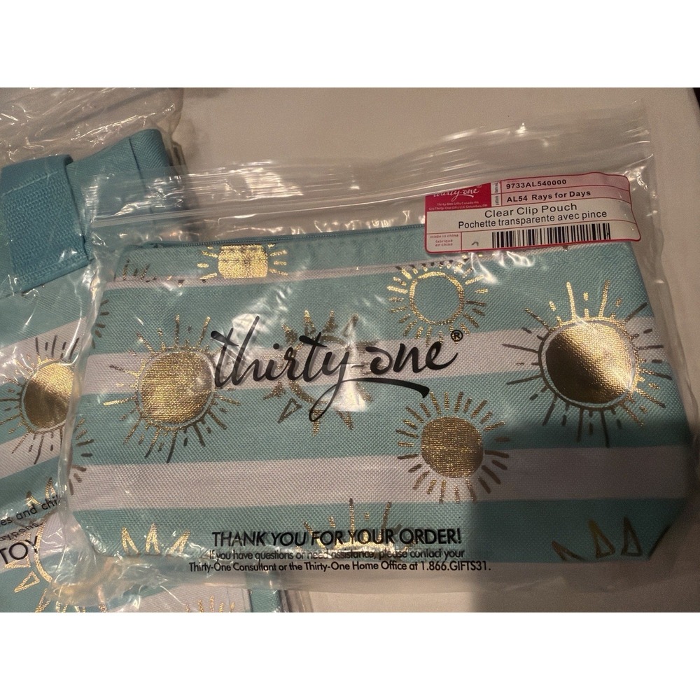 Thirty-One Bag Bundle Central Storage Tote + Clip Pouch Teal Gold White NWT - Picture 2 of 9